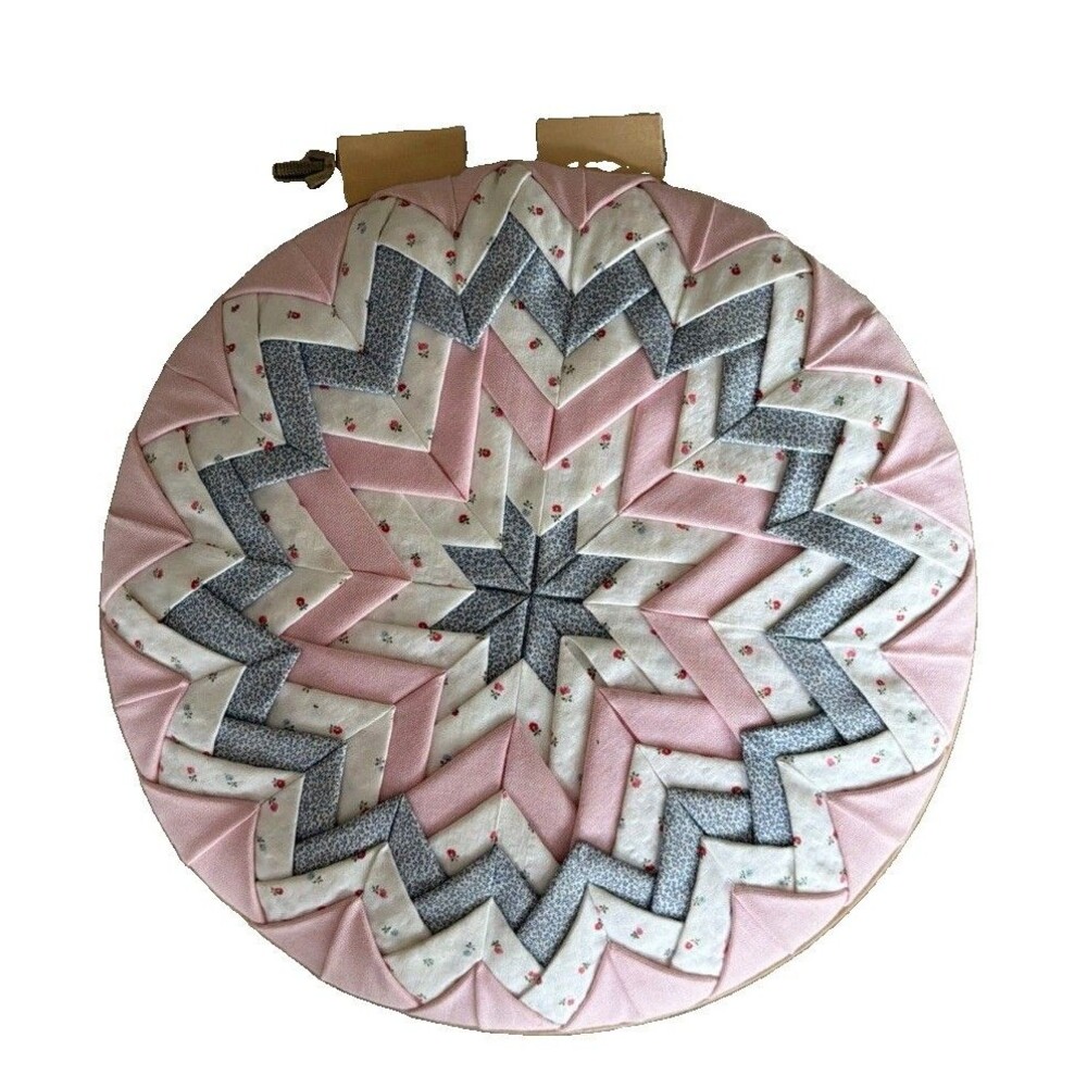Vintage Handcrafted Folded Star Fabric Art 11.5” Wooden Embroidery Hoop Frame
